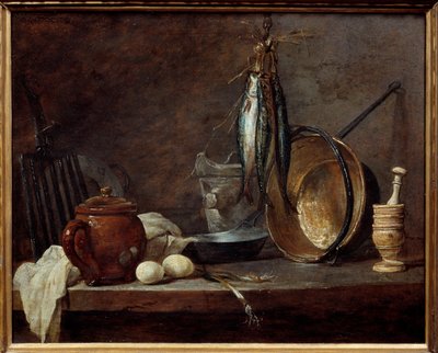Menu af magert og køkkenredskaber. Stilleben. Maleri af Jean Baptiste Simeon Chardin (1699-1779) af Jean Baptiste Simeon Chardin