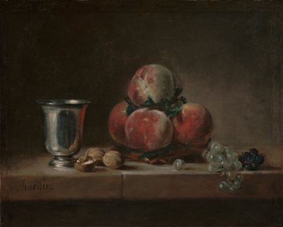 Stilleben med ferskner, en sølvpokal, druer og valnødder, ca. 1759-60 (olie på lærred) af Jean Baptiste Simeon Chardin