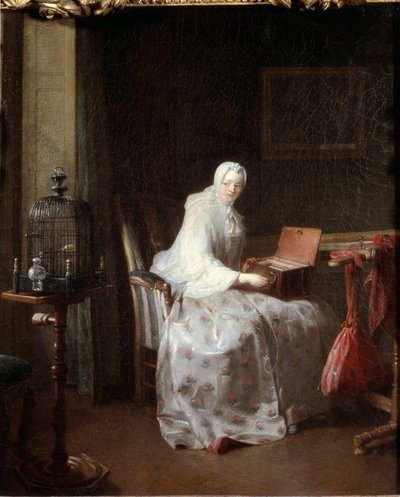 Kanariefuglen eller kvinden varierer sine forlystelser - olie på lærred af Jean Baptiste Simeon Chardin