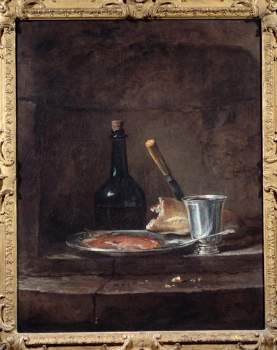 De apprets af en frokost siger også sølvbægeret. Maleri af Jean Baptiste Simeon Chardin (1699 - 1779) af Jean Baptiste Simeon Chardin