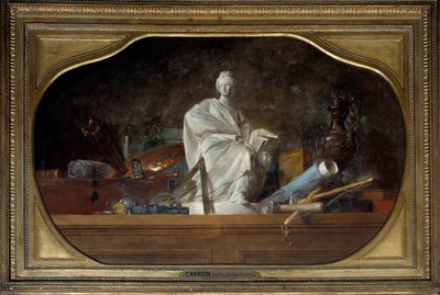 Attributter af Arts Allegory of the arts med billedhuggerværktøjer, statuette. Maleri af Jean Baptiste Simeon Chardin (1699-1779) 1765 søn. 0,91x1,45 m af Jean Baptiste Simeon Chardin