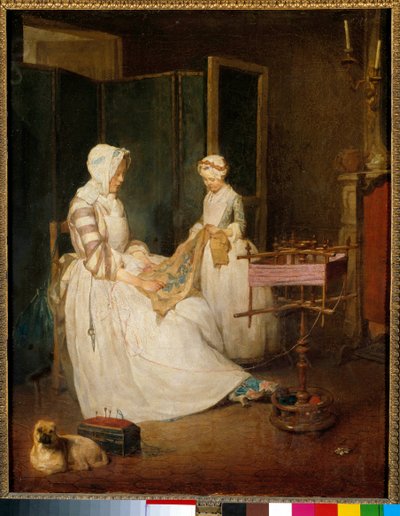 Den arbejdende mor En mor hjulpet af sin datter, der broderede og brugte en chedder. Maleri af Jean Baptiste Simeon Chardin (1699-1779) 1700-tallet søn. 0,4x0,39 m af Jean Baptiste Simeon Chardin
