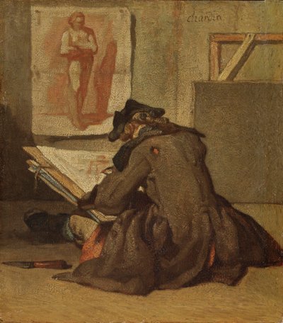 Young Student Tegning (olie på eg) af Jean Baptiste Simeon Chardin