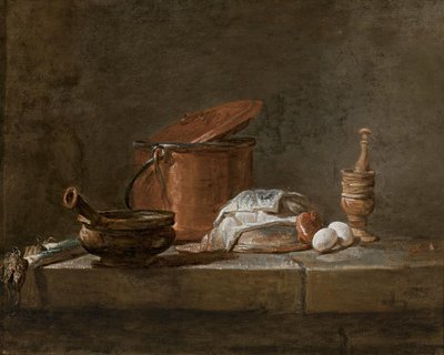 Porrer, en gryde med et klæde, en kobbergryde med låg, et løg og æg med støder og morter, på en stenkant af Jean-Baptiste Simeon Chardin
