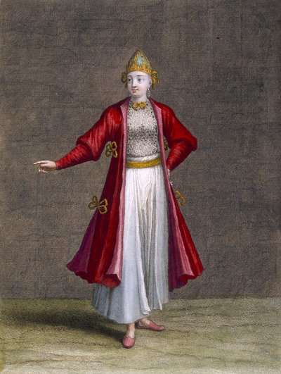 En bulgarsk pige, planche 83 fra "Collection of One Hundred Prints Representing the Different Nations of the Levant" af Charles de Ferriol, graveret af Jean-Baptiste Haussard (fl.1679-1749), 1707-08 (ca. af Jean Baptiste Vanmour