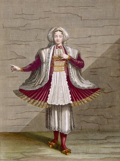 En pige fra Naxos, planche 71 fra "Collection of One Hundred Prints Representing the Different Nations of the Levant" af Charles de Ferriol, graveret af Gerard Scotin (1671-1716), 1707-08 (farvet gravering). af Jean Baptiste Vanmour