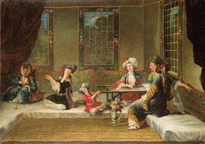 Armenske kvinder broderer i et interiør af Jean Baptiste Vanmour