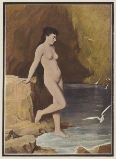 Nymfe i en grotte (farve litho) af Jean Benner