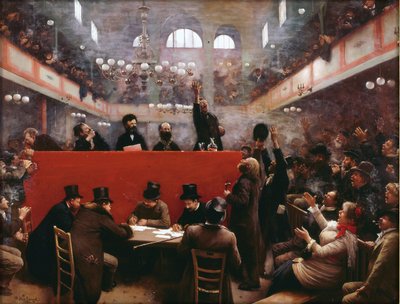 I Graffards mødesal (Reunion a la salle Graffard) (placeret på 138, boulevard de Menilmontant i Paris) af Beraud, Jean (1849-1936) af Jean Beraud