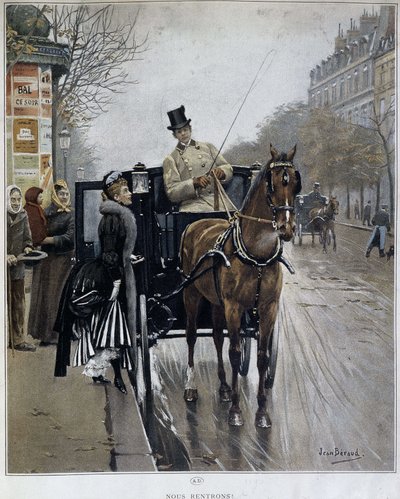 Elegant kvinde i en vogn i Paris: "We returnees" - illustration af Jean BERAUD (1849 - 1935), slutningen af det 19. århundrede. af Jean Beraud