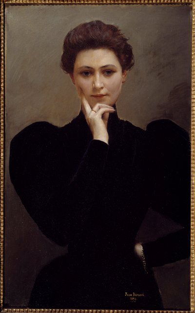 Meditation A pensive young woman dressed in fashion Belle Epoque. Painting by Jean Berauddani af Jean Beraud