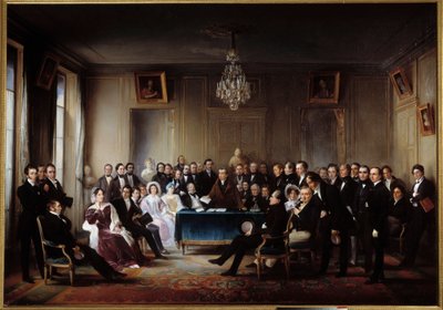 Digteren og dramatikeren Francois Guillaume Andrieux læser sin tragedie Junius Brutus “” i foyeren ved Comedie Francaise den 26/05/1828” Blandt gaverne Alexandre Dumas, Pierre Nicolas Michelot, Jean Francois Becquerel, Firmin, Victor Hugo, Eugene af Jean Beraud