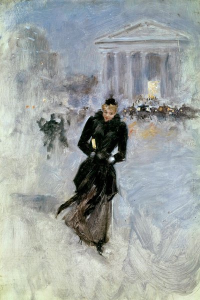 Ung elegant kvinde ved boaen i rue Royale i Paris Maleri af Jean Beraud (1849-1935) Tours fra det 20. århundrede, Musee des Beaux Arts af Jean Beraud
