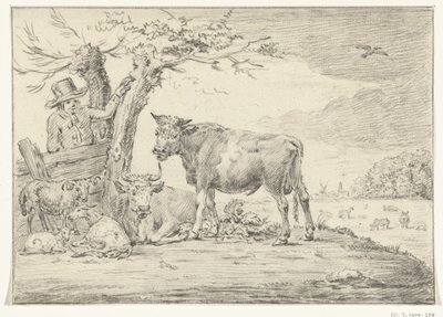 Bonde stående ved et hegn med kvæg af Jean Bernard