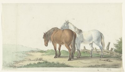 En brun og hvid hest på en vej ved siden af ​​et hegn af Jean Bernard