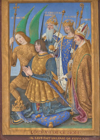 Ludvig XII af Frankrig knæler i bøn, ledsaget af de hellige Michael, Karl den Store, Ludvig og Denis af Jean Bourdichon