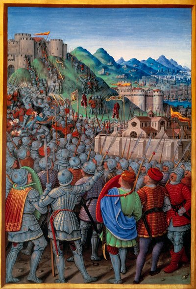 Genois angreb Castellacio de Genes-vagten af franskmændene (12. marts 1507). Miniature af Jean Bourdichon (1457? - 1521) i "" Voyage de Genes"" (Folio 20v) skrevet af Jean Marot, v.1508. Paris, NL af Jean Bourdichon