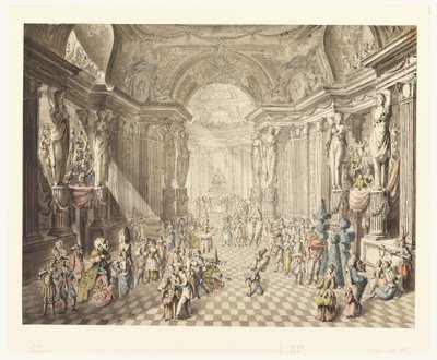Tegning, Udsigt til maskeradebal, 1770-80 af Jean Charles Delafosse
