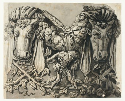 Ornament med to tyrehoveder (recto); Skitse af geometriske kanter (verso) af Jean Charles Delafosse