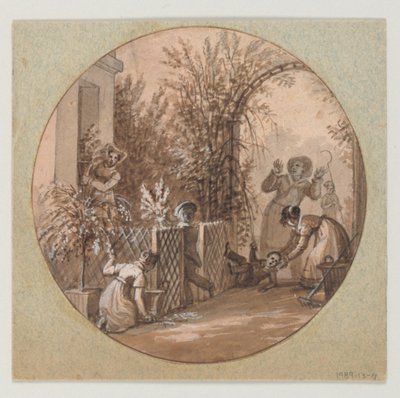 Design til en malet porcelænstallerken, Havescene fra Service de la Culture des Fleurs (Blomsterdyrkningsservice) af Jean Charles Develly