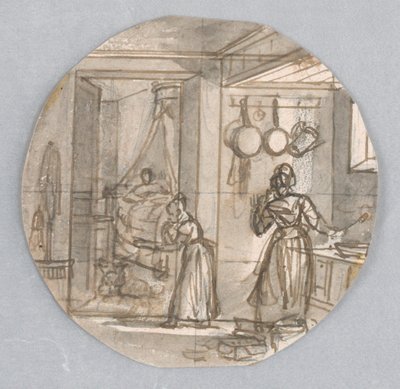 Design til en malet porcelænstallerken, køkkenscene med bageste soveværelse, muligvis til Service des Objets de Dessert (Dessertservice) af Jean Charles Develly