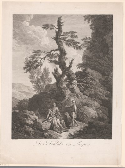 Soldater hviler foran et træ i et klippelandskab Les soldats en repos (titel på objekt) af Jean Charles Levasseur