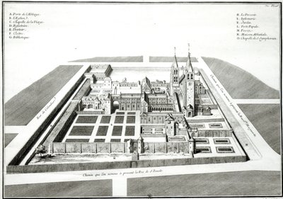 Udsigt over klosteret Saint-Germain-des-Pres før 1640, graveret af Antoine Herisset (1685-1769) af Jean Chaufourier