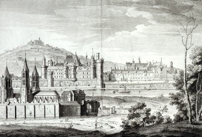 Udsigt over klosteret Saint-Germain-des-Pres, Louvre, Petit Bourbon, Montmartre og Seinen i 1410, indgraveret af Antoine Herisset (1685-1769) af Jean Chaufourier