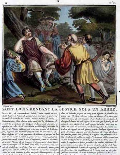 Saint Louis (1215-70) gør retfærdighed under et træ, graveret af Jean Baptiste Morret (fl. 1790-1820) 1789 (farvet gravering) af Jean Claude (after) Naigeon