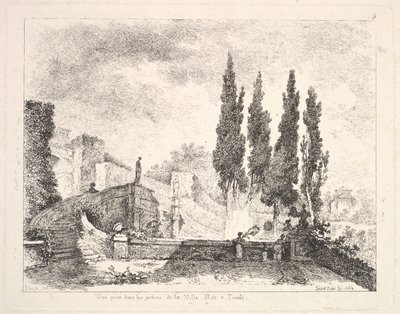 Udsigt over haverne ved Villa dEste i Tivoli, cyperns træer til højre, en trappe fører..., 1764. af Jean Claude Richard Saint Non