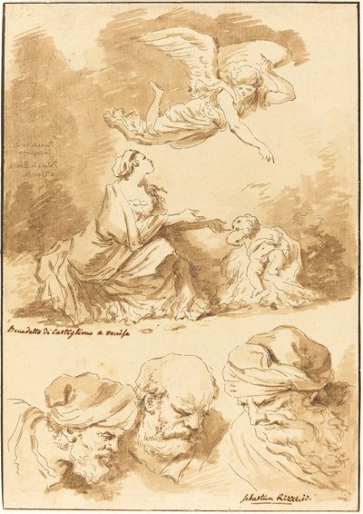 Hagar trøstet af en engel (fra et maleri af Castiglione) og Three Heads of Old Men (fra et maleri af Ricci af Jesus og den myndige kvinde) af Jean Claude Richard de Saint Non after Jean Honoré Fragonard
