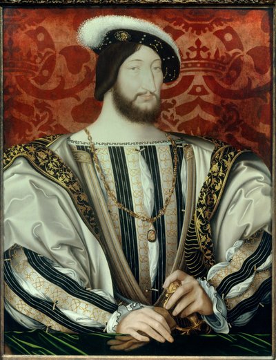 Portræt af Frans I (1494-1547), konge af Frankrig (med halsbåndet af Sankt Mikaelsordenen) olie på træ, ca. 1530 af Jean Clouet