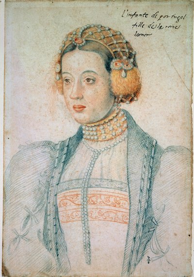 Portræt af Maria af Portugal (1521-1578), datter af Manuel I af Portugal og Eleonore af Østrig. Tegning af en sort sten og blod af Jean Clouet (1475/1485-1540) af Jean Clouet