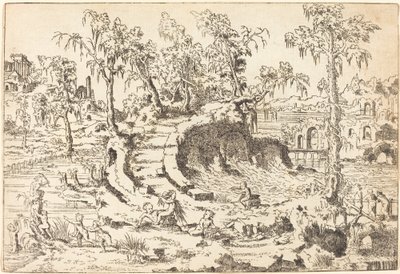 Putti leger i et fantasifuldt landskab af Jean Cousin the Younger