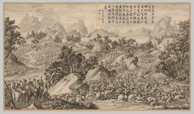Battle at Heshi Kuluke: fra Battle Scenes of the Quelling of Rebellions..., ca. 1765-1774, digt datering af Jean Damascene Sallusti