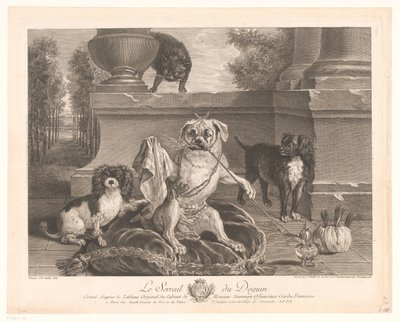 Tre hunde, en klædt ud på en terrasse Le Serrail du Doguin (titel på objekt) af Jean Daullé