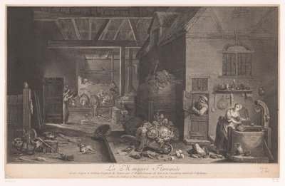 Interiør af et bondehus La Ménagere Flamande (titel på objekt) af Jean Daullé