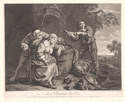 Kvinde sover ved en tønde med vinglas i hånden La Surprise du Vin. (titel på objekt) Tryk efter Le Nain (serietitel) af Jean Daullé