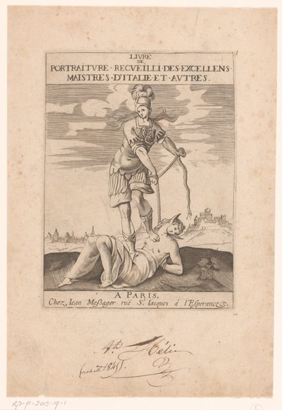 Minerva binder Stupidity med et reb Titelblad for: s.n., Livre de portraiture receuilli des excellens maistres d