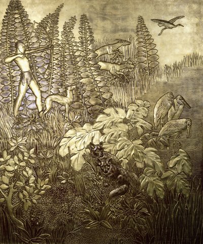 Jagten; La Chasse, ca. 1934 (forgyldt og lakeret træ) af Jean Dunand