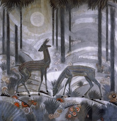 To hjorte i en skov, ca. 1929 (lakeret træpanel) af Jean Dunand
