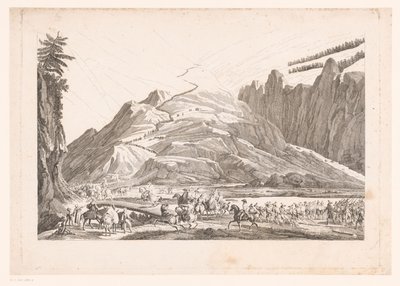 Bjerglandskab med rejsende kavaleri (titel på objekt) af Jean Duplessis Bertaux (attributed to)