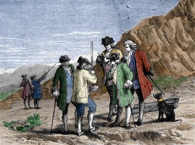 Florin Perier måler højdebarometeret (kviksølvrør) for Evangelista Torricelli eller Toricelli under eksperimentet med tyngdekraften af luften fra Blaise Pascal, på toppen af Puy de Dome (1648). Gravering af Yan Dargent. af Jean Edouard Dargent