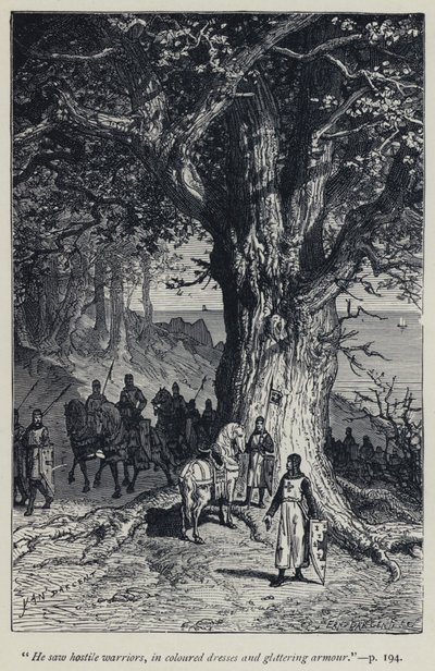 "Han så fjendtlige krigere, i farvede kjoler og glitrende rustninger" (gravering) af Jean Edouard Dargent