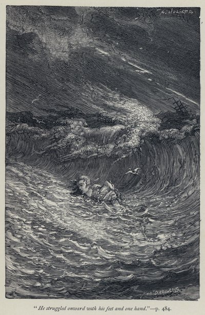 "Han kæmpede sig fremad med sine fødder og en hånd" (gravering) af Jean Edouard Dargent