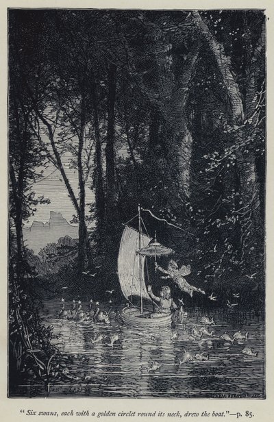 "Seks svaner, hver med en guldring om halsen, trak båden" (gravering) af Jean Edouard Dargent