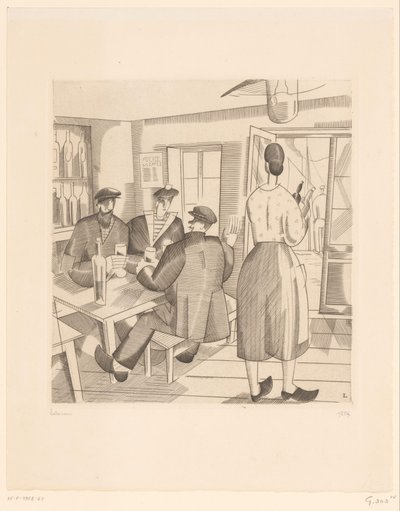 Cafe interiør med kunder og servitrice Cabaret Vendeen af Jean Emile Laboureur (signed by artist)