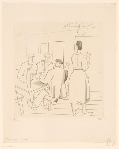 Cafe interiør med kunder og servitrice Cabaret vendéen (titel på objekt) af Jean Emile Laboureur (signed by artist)