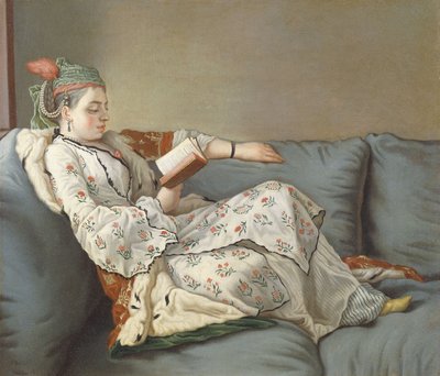 La Sultane Lisant", En dame i tyrkisk kostume læser på en divan, af Jean Étienne Liotard