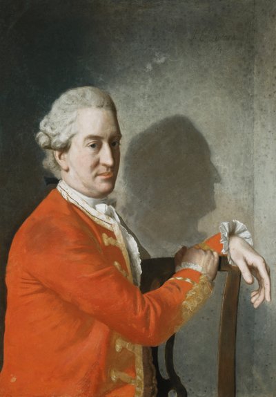 Portræt af James Hamilton, 2. jarl af Clanbrassil, halvlængde, i en rød frakke, siddende i en mahognistol, hans profil støbt i skygger på væggen bagved, 1774 af Jean Étienne Liotard